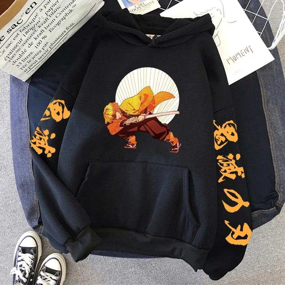 Sweat à capuche imprimé Demon Slayer Agatsuma Zenitsu, hip hop, ample, décontracté, polaire, Harajuku, col rond, hauts à capuche
