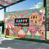 2D Kids Happy Birthday Backdrop, Candy House Theme Photography Background