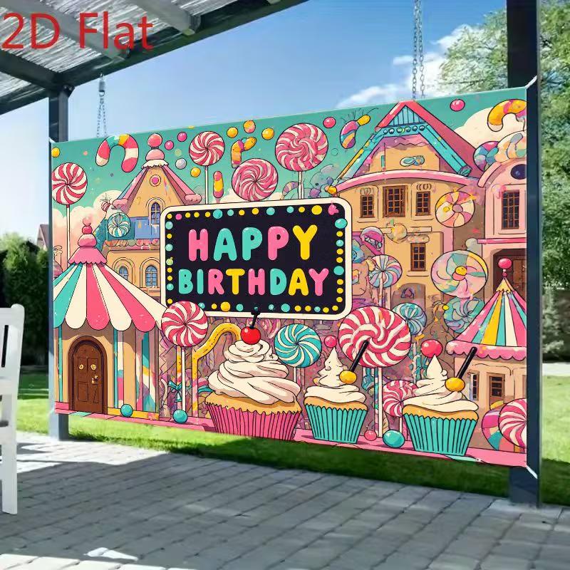 2D Kids Happy Birthday Backdrop, Candy House Theme Photography Background