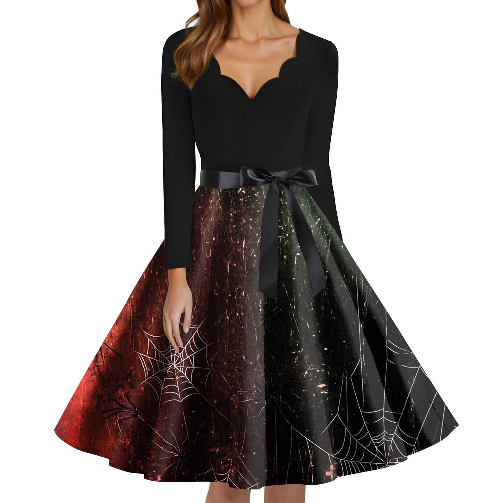 

Women s Fashion V-Neck Casual Slim Fit Halloween Printed Long Sleeve Dress XL червоний