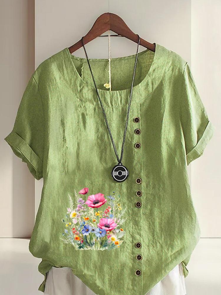 Women's Fashion Flower Bed Printing Round Neck Short Sleeve T-shirt Casual Cotton Linen Graphic Shirt Leisure Loose Summer Blouse Tops
