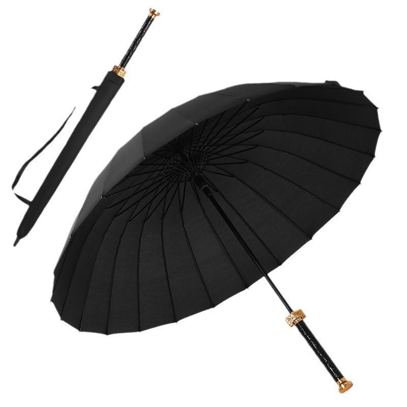 Men's Reinforced Long Handle Umbrella with Reflective Strips - Trendy Design for Sun and Rain