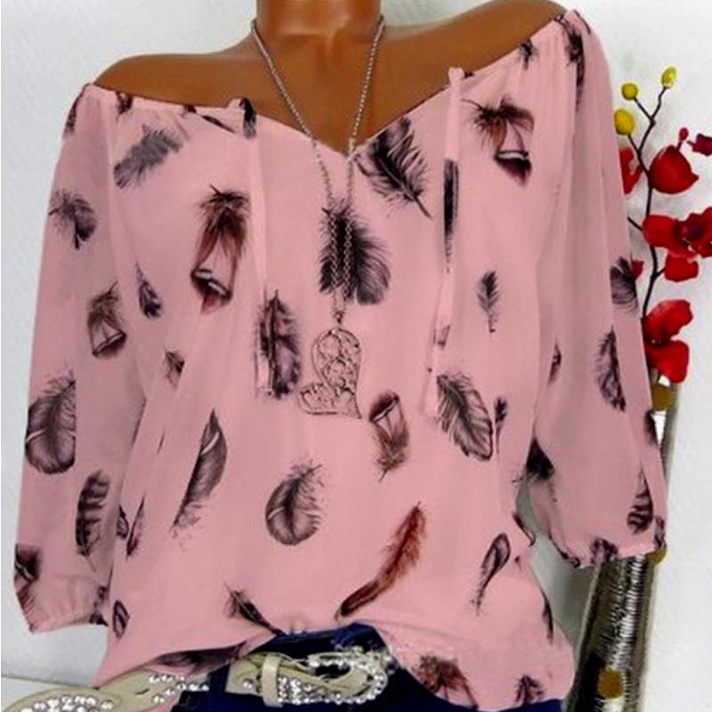 

Женские летние осенние повседневные топы с принтом перьев, рубашки с короткими рукавами, блузки, топ 4XL розовый