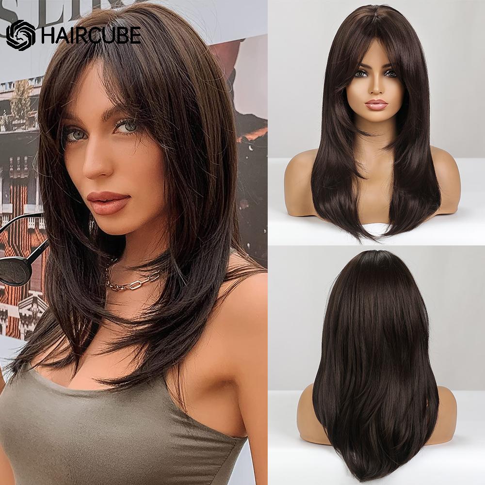 Long Wavy Layered Black-Brown Shoulder-Length Wigs With Bangs Heat Resistant Synthetic Wigs for Women Cosplay Daily Natural Wigs