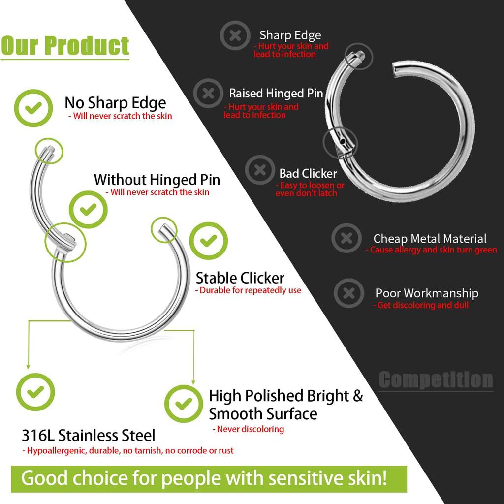 0.8mm 20G Hinged Nose Ring Hoop Septum Hoop Conch Daith Helix Lip Ring Hoops Rook Tragus Ring Cartilage Earring Pirecing Jewelry