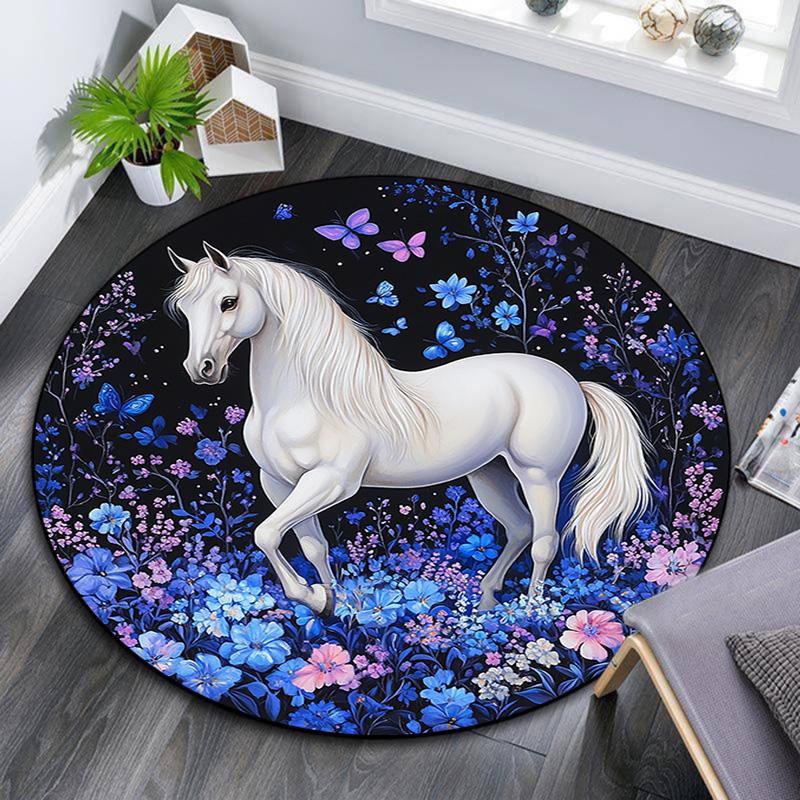 

White Horse Round Area Rug,Carpet Rug for Living Room Bedroom Sofa Playroom Decor,Non-slip Floor Mat 80cmx80cm