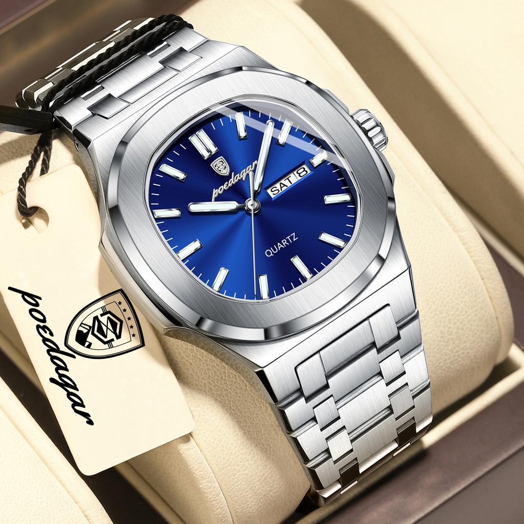 POEDAGAR Top Business Men Wristwatch Luminous Waterproof Stainless Steel Square Male Clock Week Date Quartz Casual Men's Watches