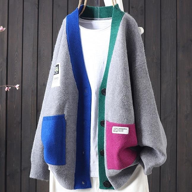 

Женские свитера с V-образным вырезом, кардиганы с длинными рукавами, джемперы, вязаный пэчворк, свободный свитер, толстый, с нашивками, элегантная верхняя одежда, карманы XL серый