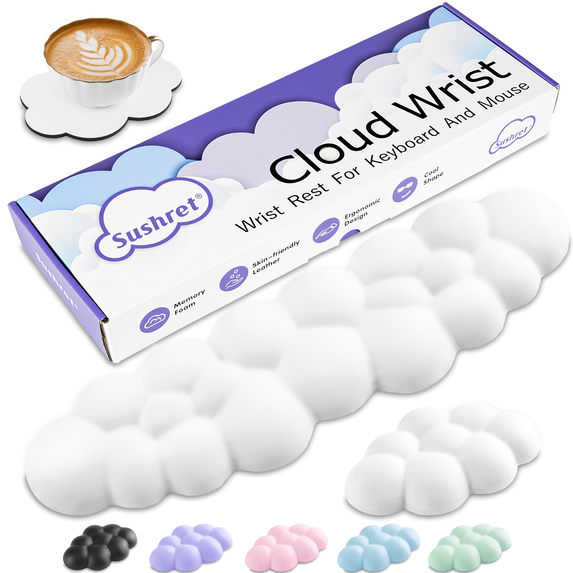 

Подставка для запястья Sushret Cloud Palm Rest Set с клавиатурой с эффектом памяти из искусственной кожи для поддержки запястья и подставкой для запястья стола Cloud, пена,