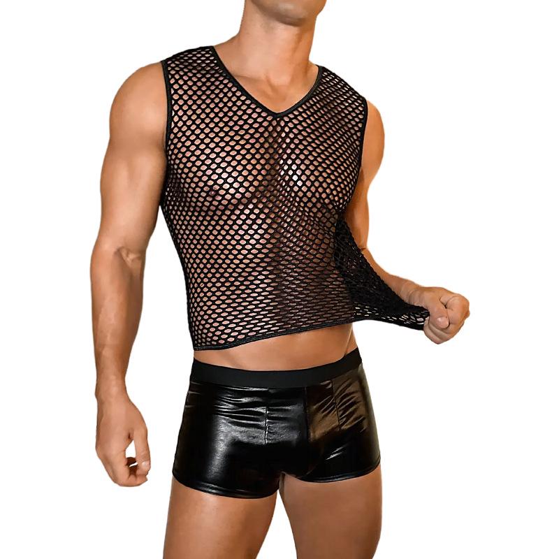 European & American Men's Sexy Mesh Vest & Leather Pants Set