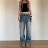 Spring American washed lightning pattern straight jeans men's and women's loose and versatile trousers tide