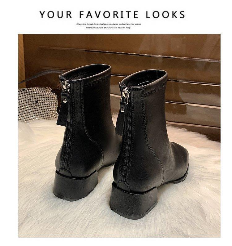 Beige Slimming Square Toe Chunky Ankle Boots with Back Zipper and Fleece Lining for Women – 2025 Autumn/Winter Collection