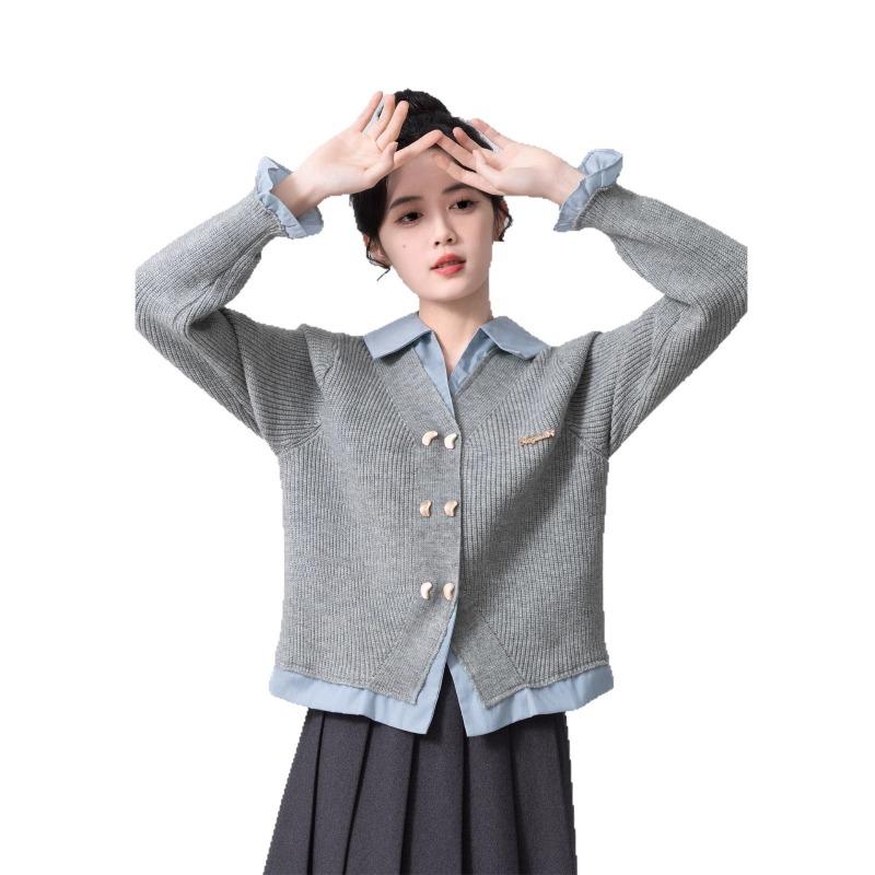 Fake Two-piece Neck Sweater Women's Spring and Autumn New College Style Splicing Knitted Cardigan Jacket Short Top