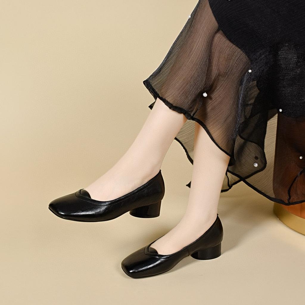 Square head flat shoes women's elegant shallow mouth single shoes simple temperament low heel commuting one pedal
