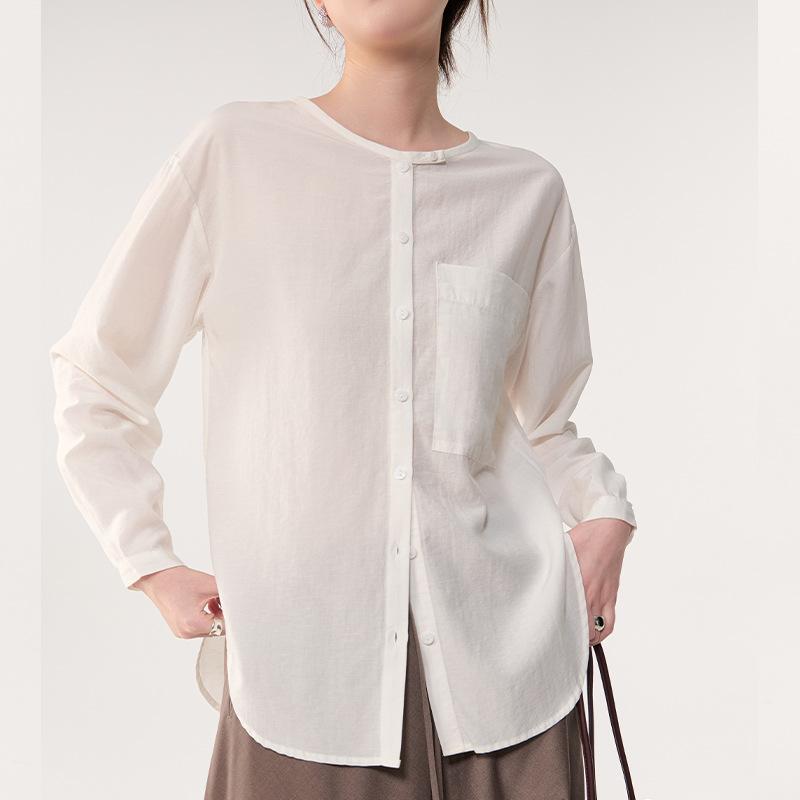Early autumn new Lyocell Tencel linen Hong Kong style temperament round neck long-sleeved shirt simple casual versatile shirt women