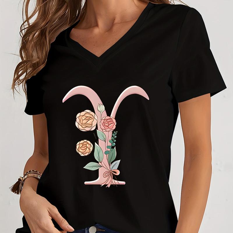 Cartoon Alphabet Flower Graphic Tee Womens Clothing Pink Flower Alphabet Gift Tshirt FeUnisex Vintage 26 Initials Flower Tshirt