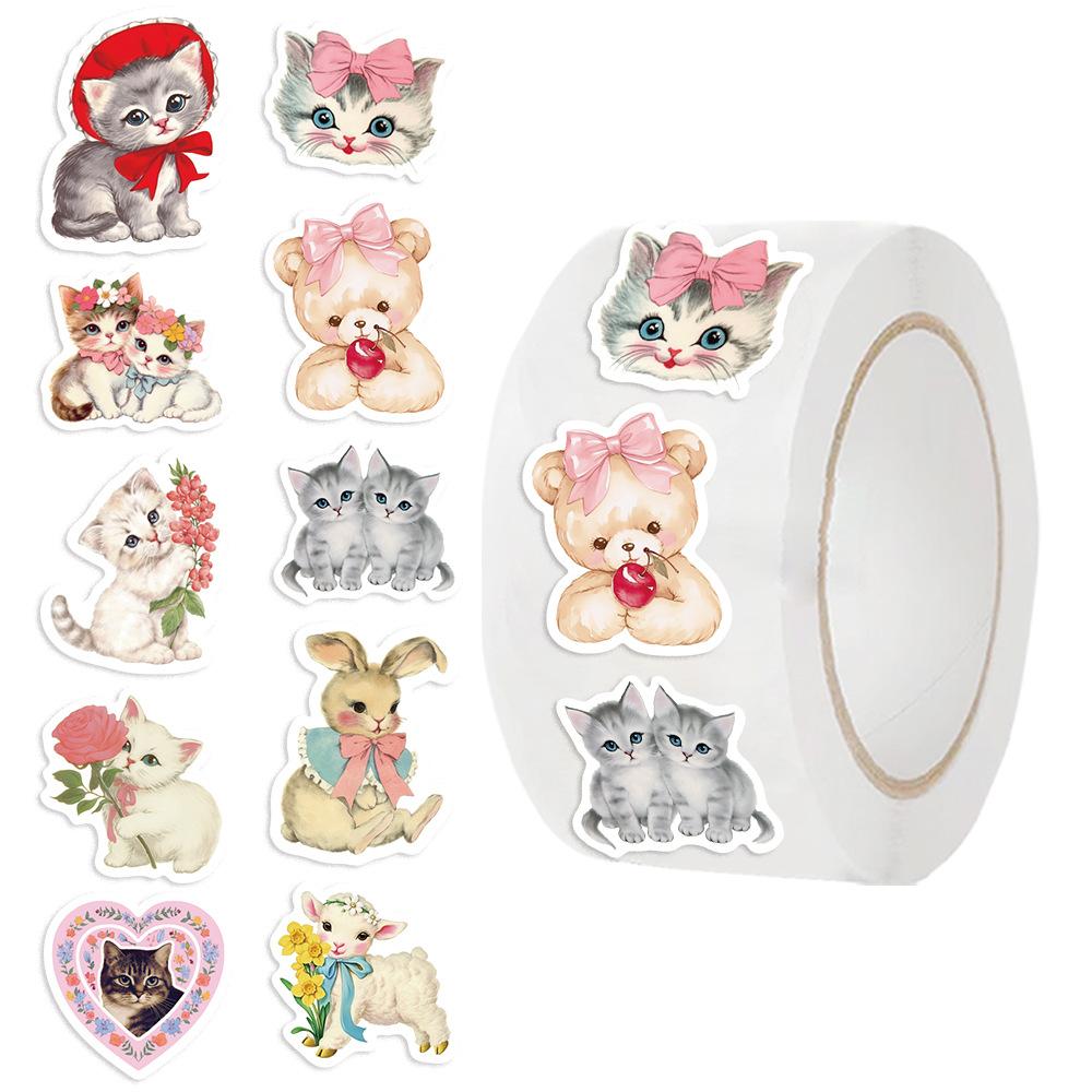 500 Pictures/roll Roll Sticker Hot-selling Tape Cartoon Bear Aesthetic Sticker Hand Account Material Decorative Envelope Mouth