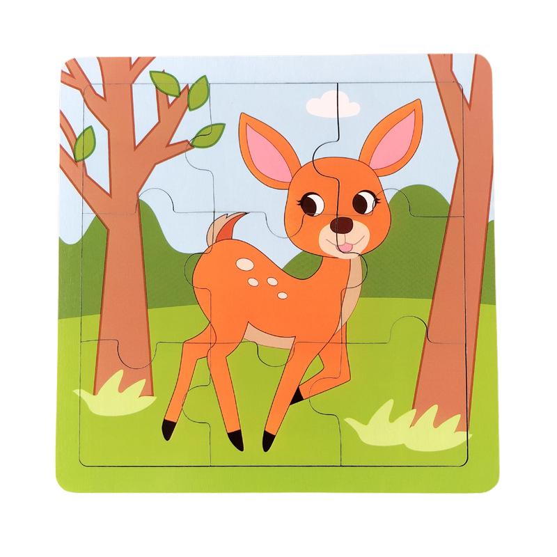 Neues 9-teiliges Holzpuzzle-Spielzeug Pädagogisches kognitives Lernen für Kleinkinder Zeichentricktiere Fahrzeuge Kleinkind-Brett Kindergeschenk