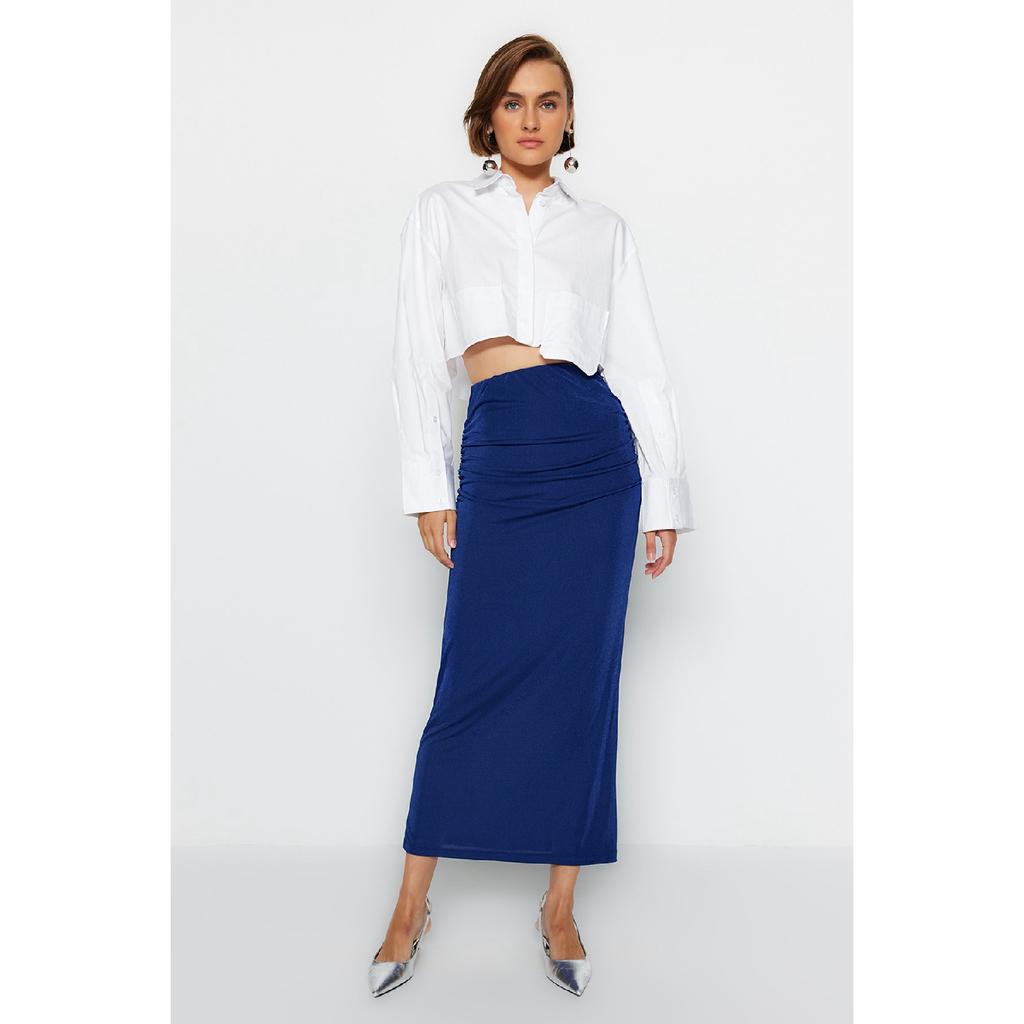 Navy Blue Premium Shiny Surface And Soft Textured Draped Maxi Knitted Skirt Twoaw24et00090