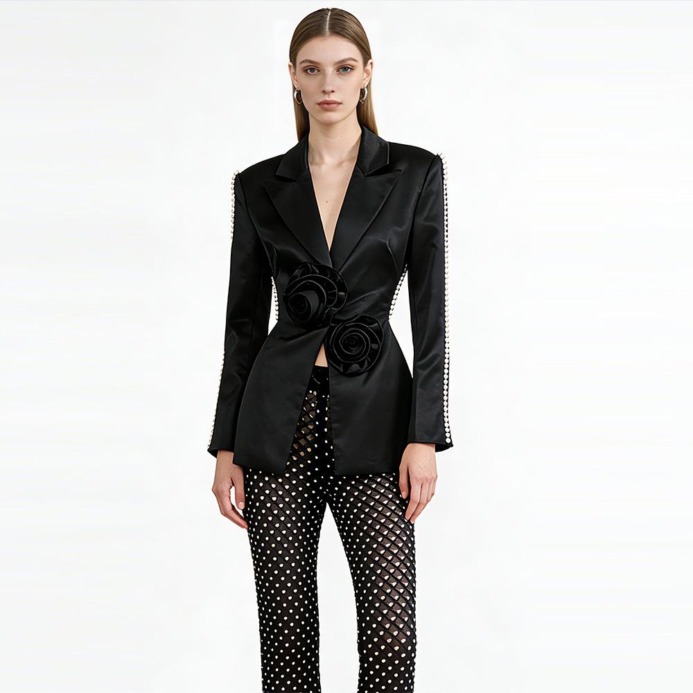 Spring 2026 Beaded Floral Mesh Suit with Pearl Sequin Long Pants