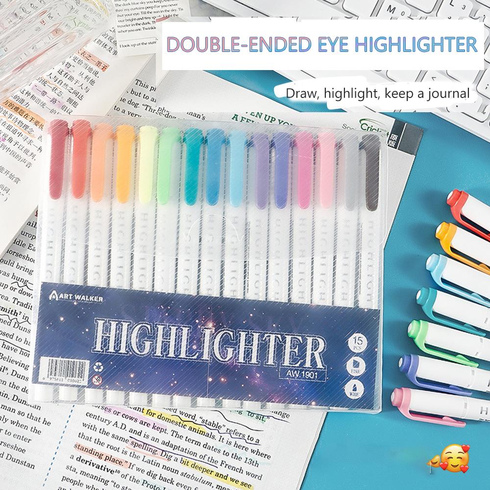 15 Colors Double Headed Highlighter Fluo Marker Set Art Drawing Pens Pastel Stationery Double Tips for Highlighting Coloring