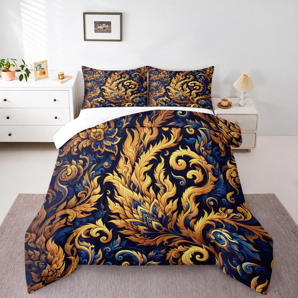 3 Piece Bedding Set Ornate Gold Blue Floral Damask Pattern Navy Print Duvet Cover for Adult Room Decor