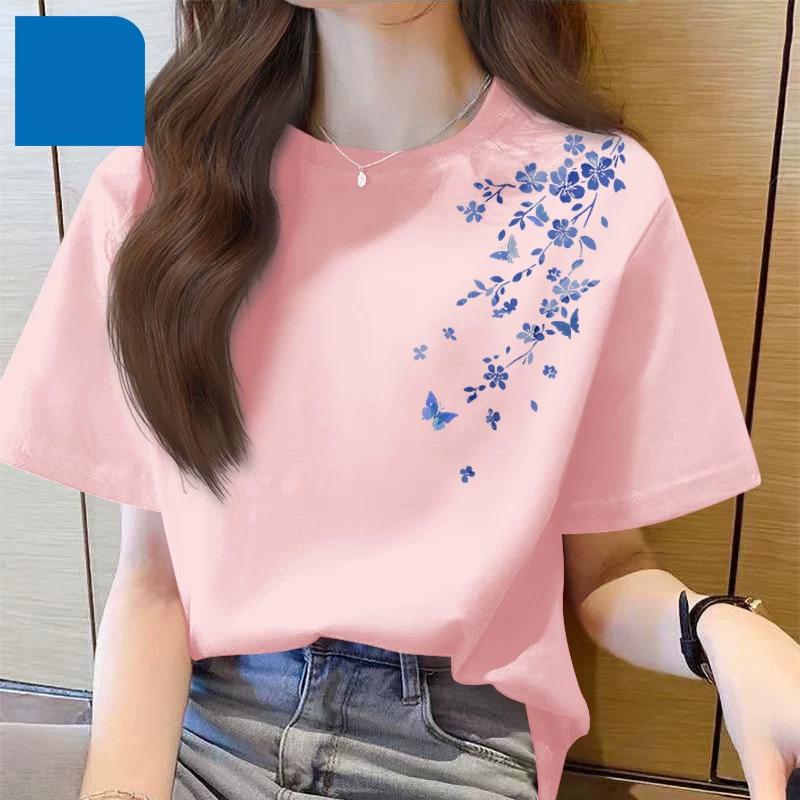 Women's Round Neck Short Sleeve Tee Loose Fit Japanese Korean Casual Top Blue Floral Butterfly Print Cotton Spring Summer Basic T Shirt