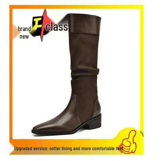 2025 Autumn Retro Chunky Heel Women's Knight Boots - Pointed Toe, Ruched Slouch, English Western Style High Boots
