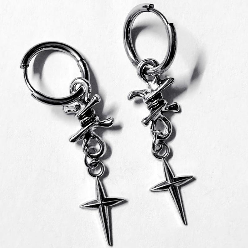 Gothic Punk Star Cross Thorn Wire Dangle Earrings