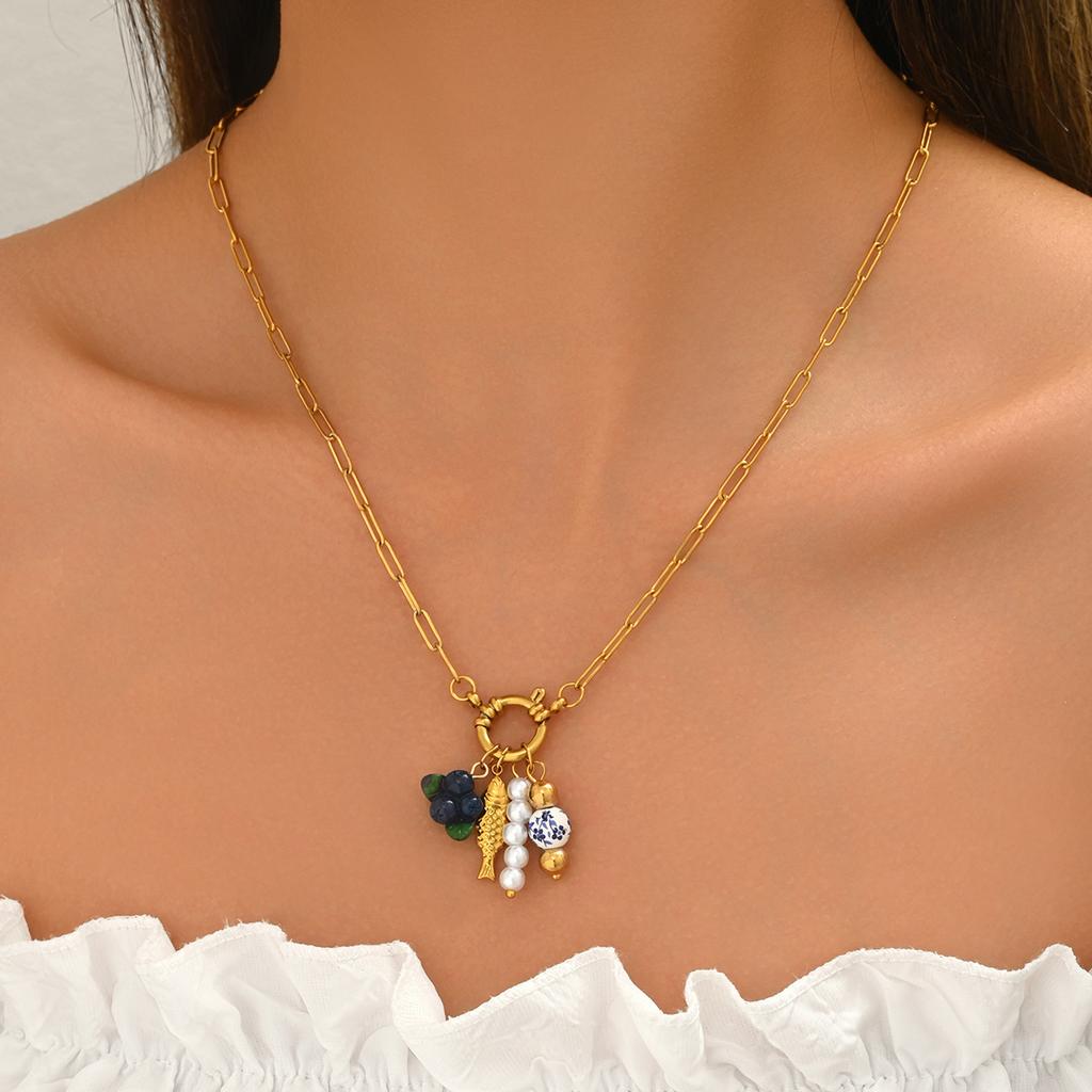 Wind Jewelry, Geometric Shell Inlaid with Pearls, Women's Necklace, Versatile Long Collarbone Chain, Women's