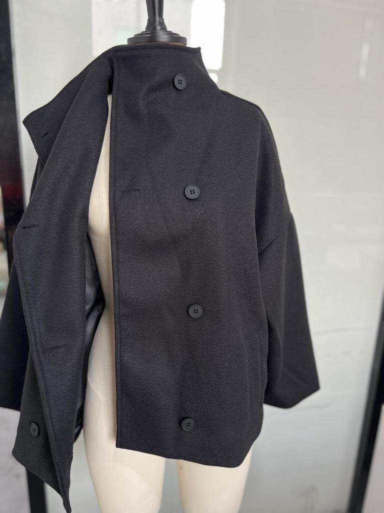 2025 Solid Color Double-Breasted Stand-Up Collar Short Coat - Long-Sleeved, Autumn/Winter