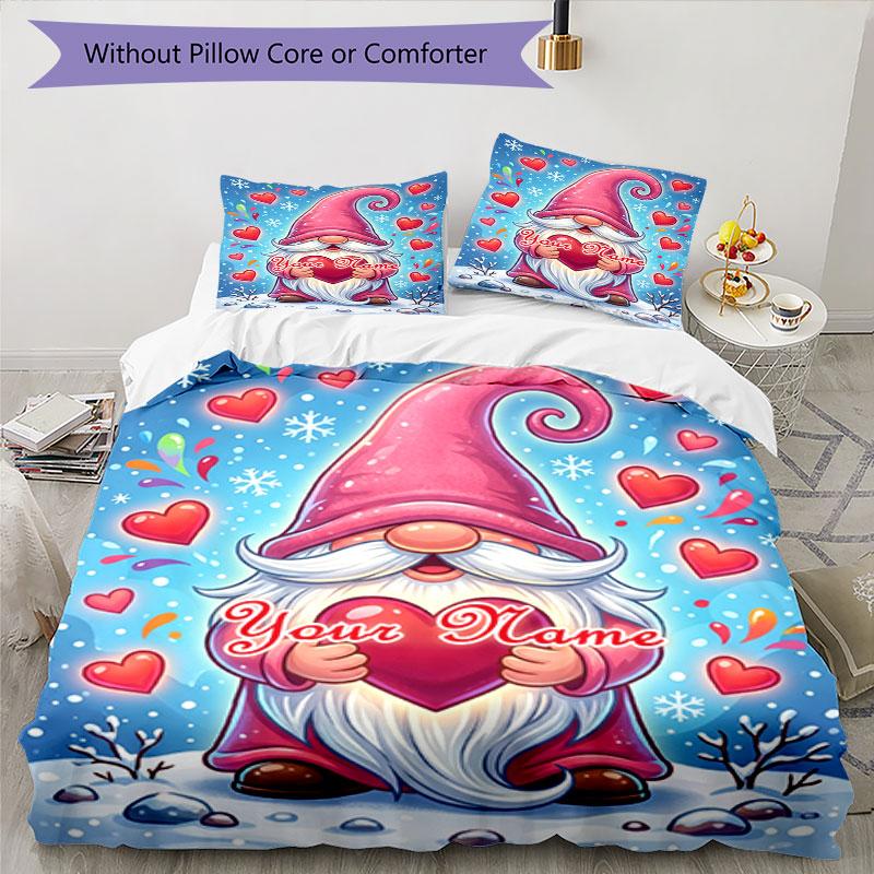 3PC Custom Name Gnome Heart Snow Bedding Set Duvet Cover Closure Includes 1 Duvet Cover & 2 Pillowcases for Bedroom