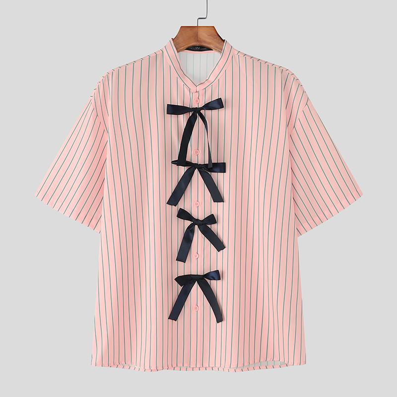 

INCERUN Men Oversized Collarless Short Sleeve Print Bow Knot Casual Loose Shirts S розовый