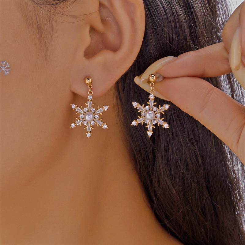 Elegant Snowflake Drop Earrings With Zircon Stones For Women Holiday Party Accessories