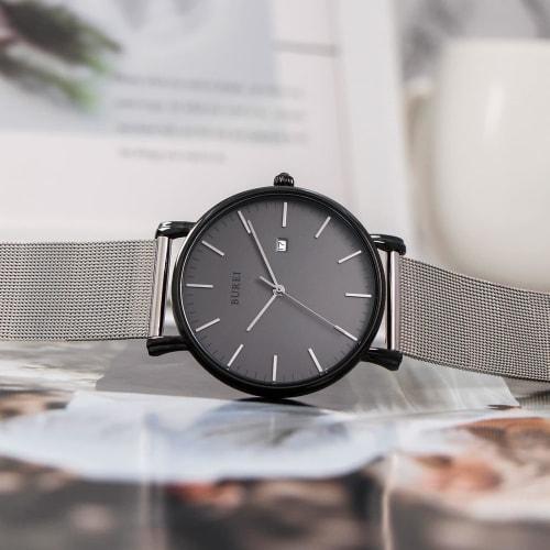 BUREI Men's Watch, Simple, Waterproof, Analog, Business Style, Milanese Style, Mesh Strap, Stylish, Popular, Date Display, Silver Gray, Brand Name