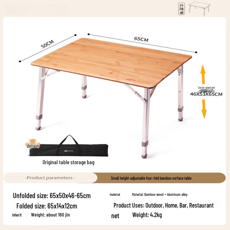 ZISIZ Bamboo Top Height-Adjustable Outdoor Folding Camping Table