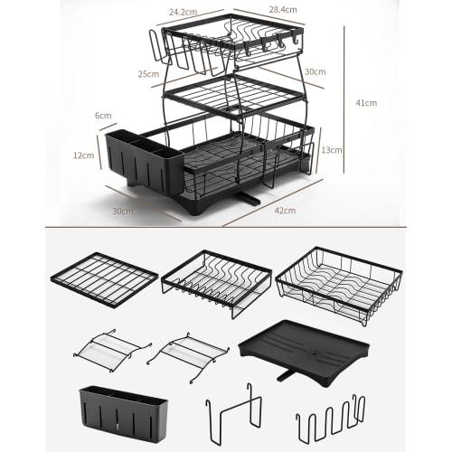 Dish Drainer, Dish Drainer, 3-Tier, Large Capacity Storage Rack [Includes 360-Degree Rotating Tray, Chopstick Holder, Cup Holder, Cutting Board Stand,