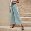 Summer Women's Pants Elastic Waist Solid Color Cotton Linen Belted Wide Leg Pants Loose Nine Minute Pants