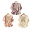 Women Tops Round Neck Short Sleeve Embroidery Bamboo Pattern Tee Shirt Solid Color Loose