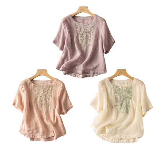 Women Tops Round Neck Short Sleeve Embroidery Bamboo Pattern Tee Shirt Solid Color Loose