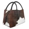 Custom 3D Printing Brown Checkered Cowhide Patche Lunch Bag Women Cooler Thermal Insulated Lunch Boxes for Office Travel
