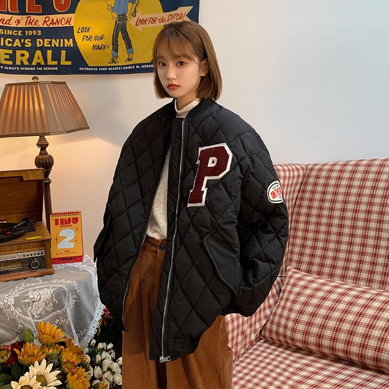 2025 New American Retro Down Padded Jacket Diamond Plaid Baseball Uniform Loose Jacket Women's Autumn and Winter Model