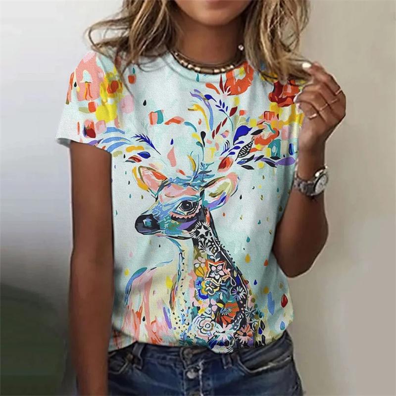 

3D Printed Colorful Deer T Shirt for Women Abstract Geometry Graphic Short Sleeves Summer Street O-Neck Tees Tops Loose T-Shirts S