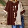 Women Tops Crew Neck Short Sleeve Pullover Tops with Irregular Ruffle Hem Block Design Buttons Decor Loose Fit Versatile Blouse