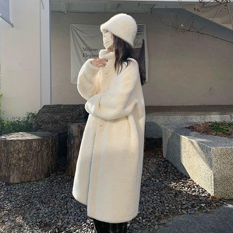 Winter Thick Long Stand Collar Loose Mink Fur Coat Women Casual Outerwear