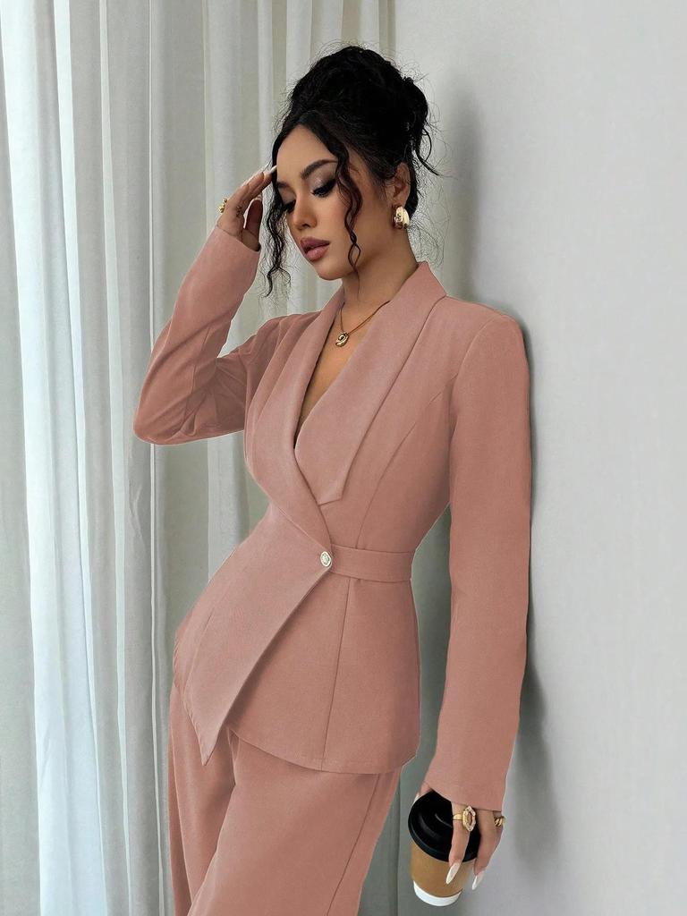 Women's European & American Spring/Autumn Fashion V-Neck Long Suit with Wide-Leg Pants Set