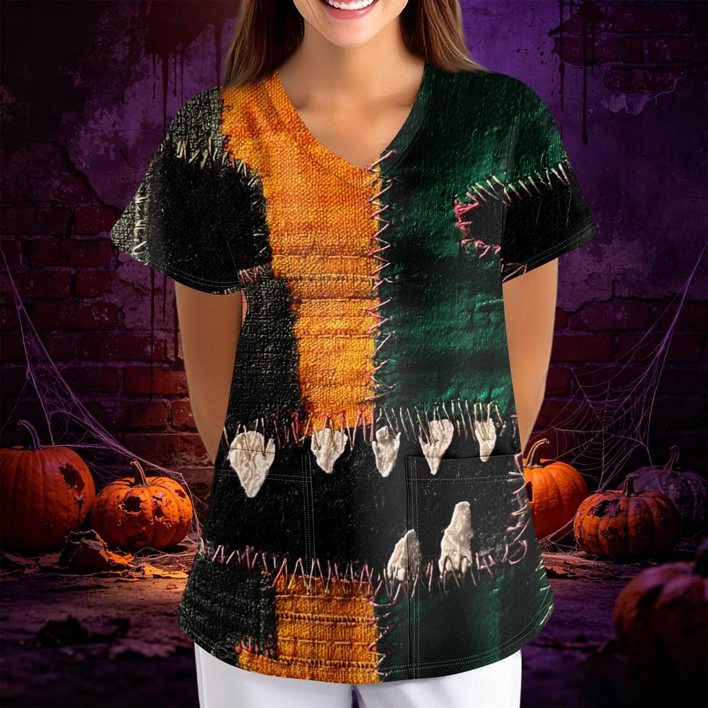 Women Halloween Print Loose Fit V Neck Short Sleeve Top with Pocket Comfortable Fabric for Work or Casual Wear