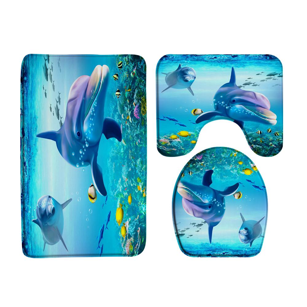 Ocean Creature Fish Dolphin Printed Shower Curtain Set With Rugs Waterproof Bathroom Curtain Anti-Slip Toilet Carpet Home Decor