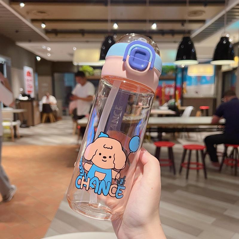 Water bottle summer simple plastic cup cartoon puppy large capacity easy cup cute portable student straw cup Internet celebrity girl