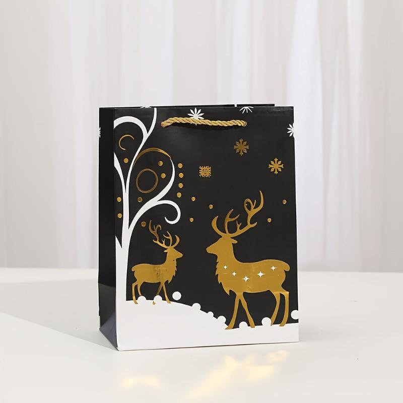 12 Pcs Festive Christmas Gift Bags: Black with Golden Printed Designs - Perfect for Wrapping Holiday Presents
